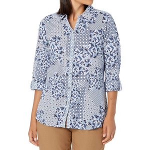 🌙Fox Croft zoey LS GEO Tile Button Down Shirt with Dress Shirt Collar size8 NWT.